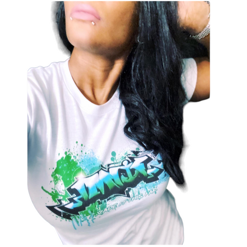 Front view of white T-shirt with graffiti styled IMITF logo