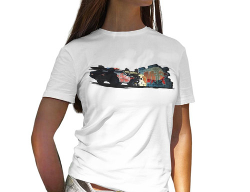 Front view of white T-shirt with cop car, IMITF graffiti styled logo & brick wall design