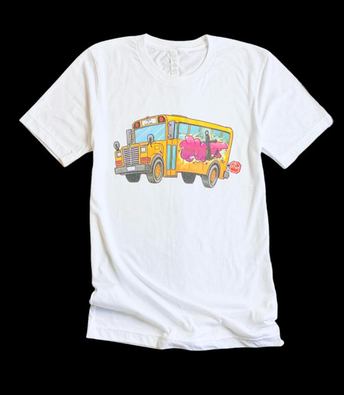 Front view of white School Bus T-shirt with graffiti styled IMITF logo with bus design
