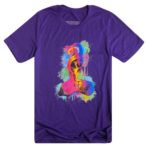 Front view of purple Empty Spray Can T-shirt with skull spray paint can graphic