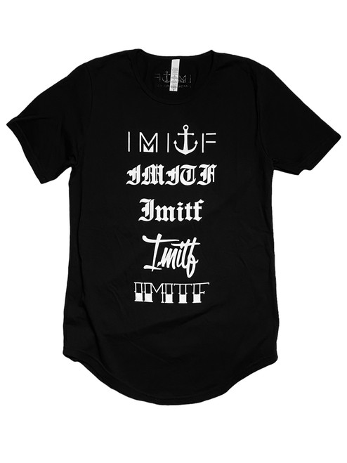 Front view IMITF Script  T-shirt with multi-font logo design
