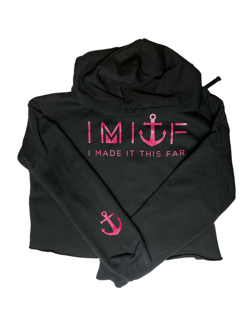 Front view cropped hoodie with pink IMITF logo
