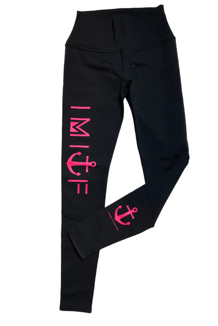 Side view Black high-waist leggings with pink IMITF logo, seamless compression fit