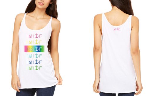 IMITF Slouch tank top white with colorful repeated IMITF logo with thin straps
