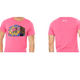 Front & back view of pink Mural Building T-shirt with graffiti design