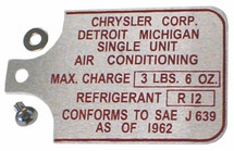 66-72 B, C, & E-Body A/C Data Tag for RV-2 Compressor