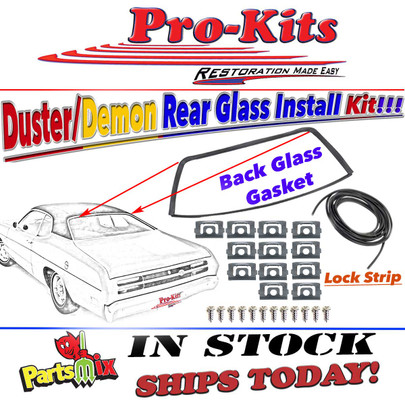 70 71 72 73 74 75 76 Duster, Demon, Dart Sport Rear Glass Window Gasket with Chrome Reveal Molding Clips 70 71 72 73 74 75 76 Duster, Demon, Dart Sport Rear Glass Window Gasket with Chrome Reveal Molding Clips