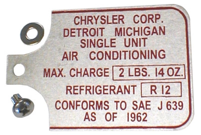 67-72 A-Body A/C Data Tag for RV-2 Compressor