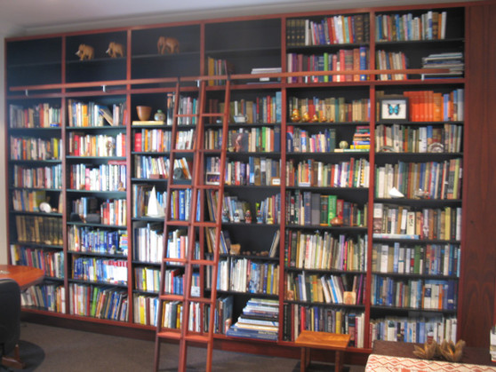 large bookcase with ladder, jarrah and black