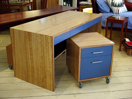 Ash desk with blue drawers