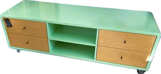Hi Fi Cabinet 3 Column Apple Green with Rock Maple Drawers