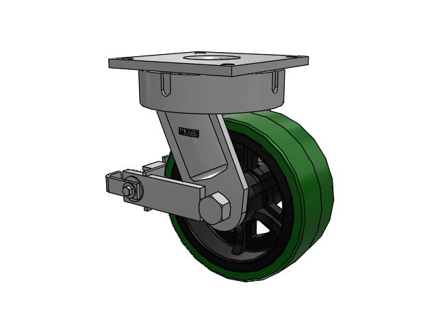 700 Series Top Plate Swivel Caster with 10 Green Tread on Black Cast Iron Core PX - Thick Polyurethane (Cast Iron Core) Wheel and Poly Cam Brake