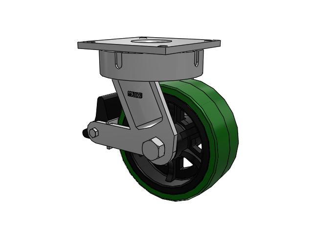 700 Series Top Plate Swivel Caster with 10 Green Tread on Black Cast Iron Core PX - Thick Polyurethane (Cast Iron Core) Wheel and Poly Lock Integrated Brake