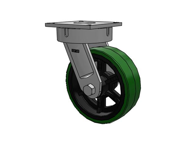 700 Series Top Plate Swivel Caster with 12 Green Tread on Black Cast Iron Core PX - Thick Polyurethane (Cast Iron Core) Wheel