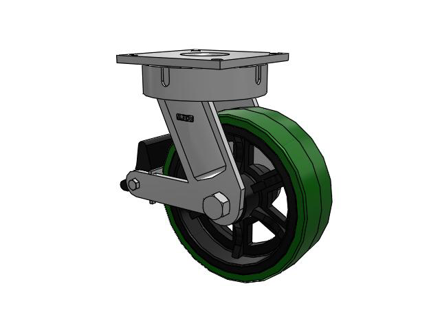 700 Series Top Plate Swivel Caster with 12 Green Tread on Black Cast Iron Core PX - Thick Polyurethane (Cast Iron Core) Wheel and Poly Lock Integrated Brake