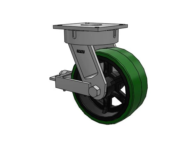 700 Series Top Plate Swivel Caster with 12 Green Tread on Black Cast Iron Core PX - Thick Polyurethane (Cast Iron Core) Wheel and Face Brake