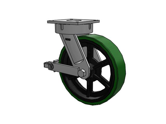 700 Series Top Plate Swivel Caster with 16 Green Tread on Black Cast Iron Core PX - Thick Polyurethane (Cast Iron Core) Wheel and Poly Cam Brake