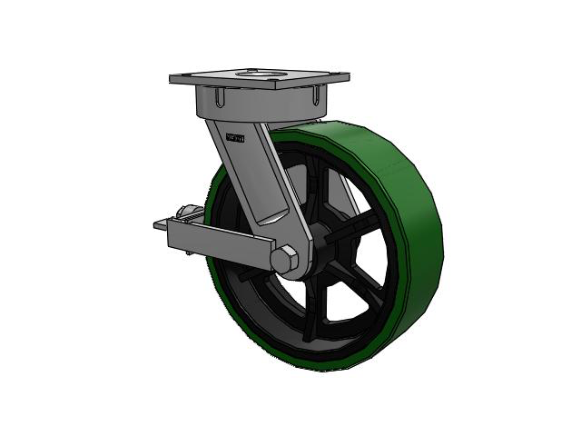 700 Series Top Plate Swivel Caster with 16 Green Tread on Black Cast Iron Core PX - Thick Polyurethane (Cast Iron Core) Wheel and Face Brake