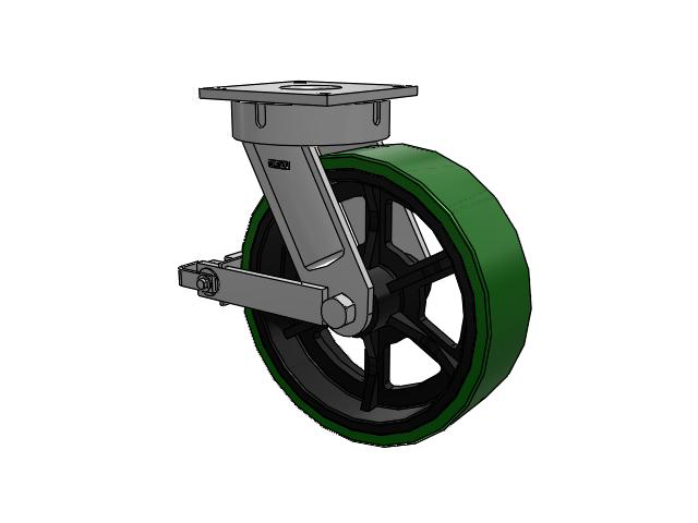 700 Series Top Plate Swivel Caster with 16 Green Tread on Black Cast Iron Core PX - Thick Polyurethane (Cast Iron Core) Wheel and Poly Cam Brake