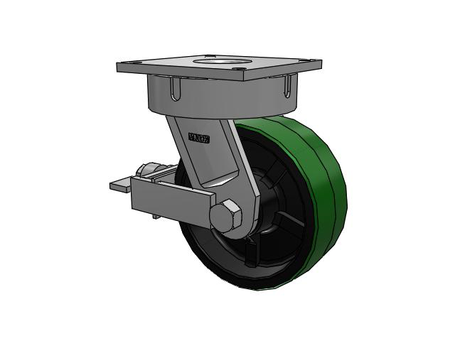 700 Series Top Plate Swivel Caster with 10 Green Tread on Black Cast Iron Core PY - Polyurethane (Cast Iron Core) Wheel and Face Brake