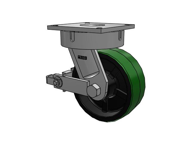 700 Series Top Plate Swivel Caster with 10 Green Tread on Black Cast Iron Core PY - Polyurethane (Cast Iron Core) Wheel and Poly Cam Brake