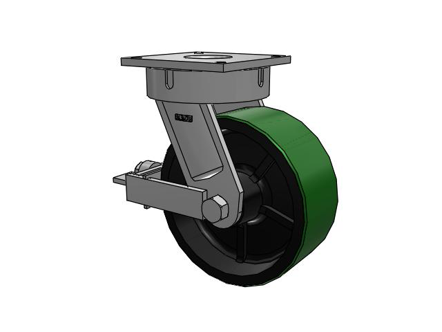 700 Series Top Plate Swivel Caster with 12 Green Tread on Black Cast Iron Core PY - Polyurethane (Cast Iron Core) Wheel and Face Brake