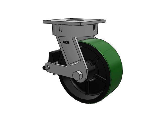 700 Series Top Plate Swivel Caster with 12 Green Tread on Black Cast Iron Core PY - Polyurethane (Cast Iron Core) Wheel and Poly Lock Integrated Brake