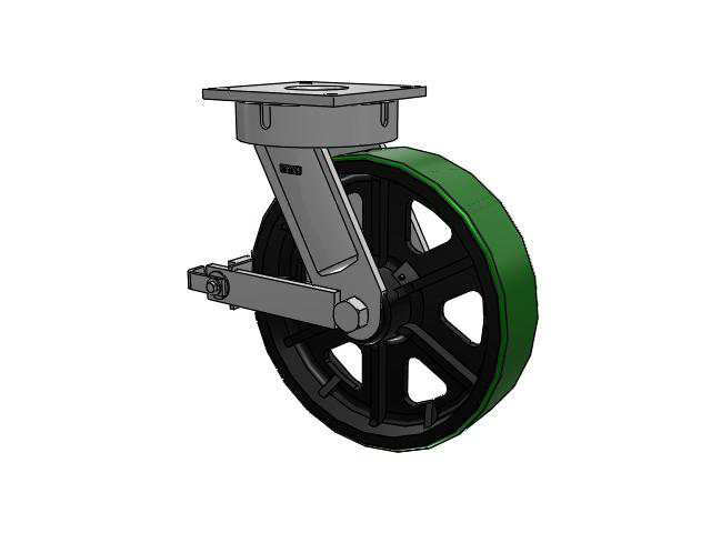700 Series Top Plate Swivel Caster with 16 Green Tread on Black Cast Iron Core PY - Polyurethane (Cast Iron Core) Wheel and Poly Cam Brake
