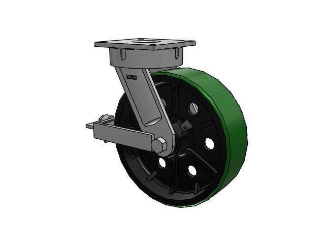 700 Series Top Plate Swivel Caster with 16 Green Tread on Black Cast Iron Core PY - Polyurethane (Cast Iron Core) Wheel and Face Brake