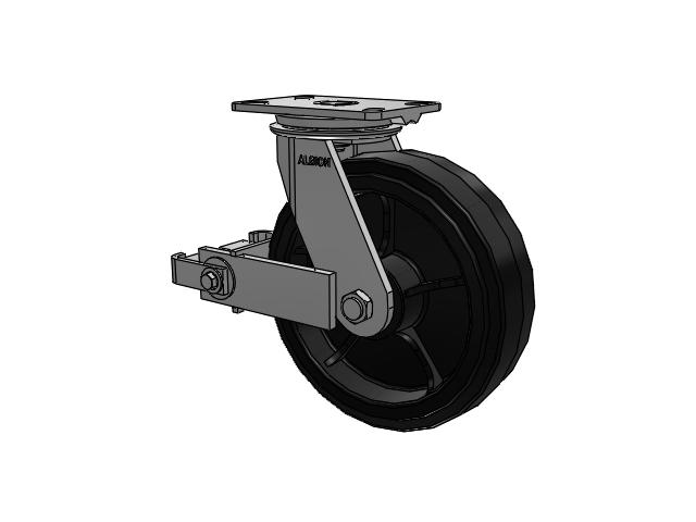 81 Series Top Plate Swivel Caster with 10 x 3 Black Tread on Black Enamel Core MR - Moldon Rubber (Cast Iron Core) Wheel and Poly Cam Brake