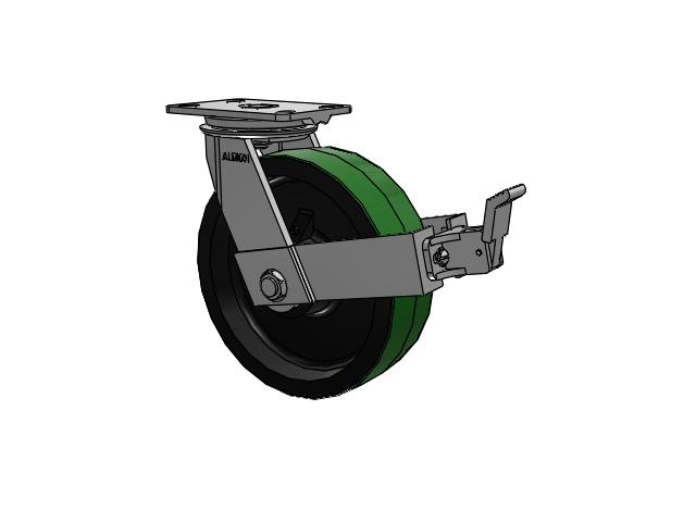 81 Series Top Plate Swivel Caster with 10 x 3 Green Tread on Black Cast Iron Core PY - Polyurethane (Cast Iron Core) Wheel and Face Brake