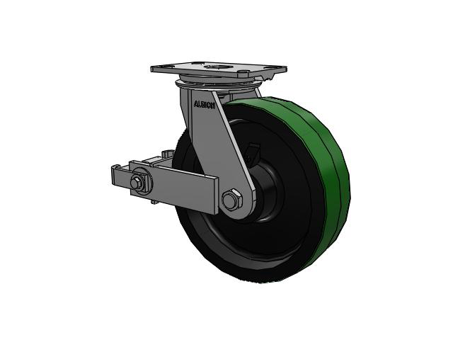 81 Series Top Plate Swivel Caster with 10 x 3 Green Tread on Black Cast Iron Core PY - Polyurethane (Cast Iron Core) Wheel and Poly Cam Brake