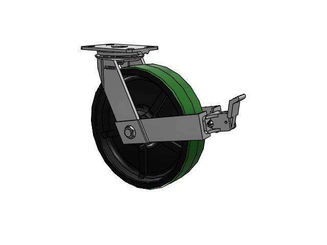 81 Series Top Plate Swivel Caster with 12 x 3 Green Tread on Black Cast Iron Core PY - Polyurethane (Cast Iron Core) Wheel and Face Brake