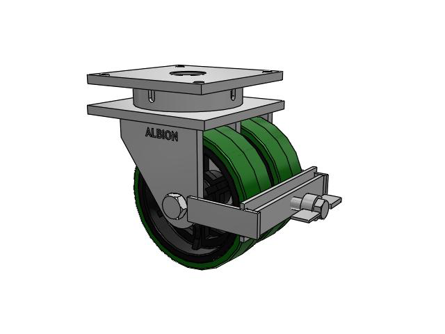850 Series Top Plate Swivel Caster with 12 x 4 Green tread on black core PX - Thick Polyurethane (Cast Iron Core) Wheel and Face Brake