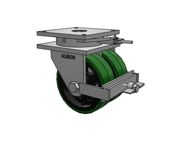 850 Series Top Plate Swivel Caster with 12 x 4 Green tread on black core PX - Thick Polyurethane (Cast Iron Core) Wheel and Face Brake