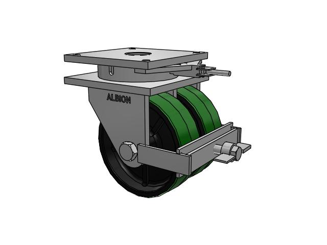 850 Series Top Plate Swivel Caster with 12 x 4 Green tread on black core PY - Polyurethane (Cast Iron Core) Wheel and Face Brake