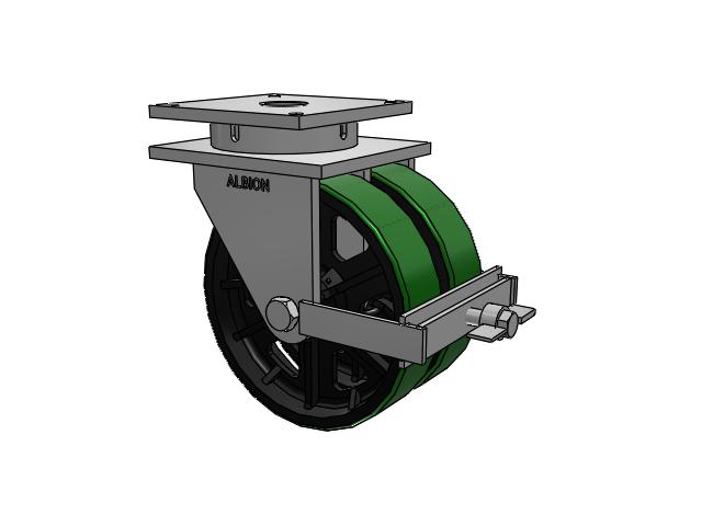850 Series Top Plate Swivel Caster with 16 x 4 Green tread on black core PY - Polyurethane (Cast Iron Core) Wheel and Face Brake