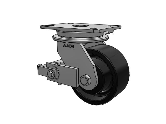 90 Series Top Plate Swivel Caster with 6 x 3 Black Paint FM - Ductile Iron Flat Tread Wheel and Poly Cam Brake