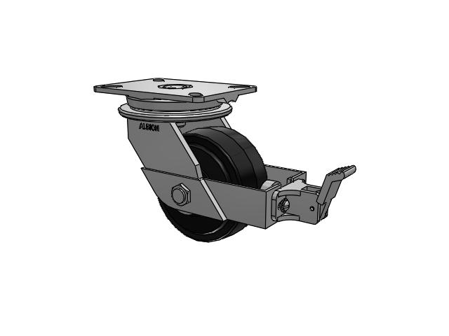 90 Series Top Plate Swivel Caster with 6 x 3 Black Tread on Black Enamel Core MR - Moldon Rubber (Cast Iron Core) Wheel and Face Brake
