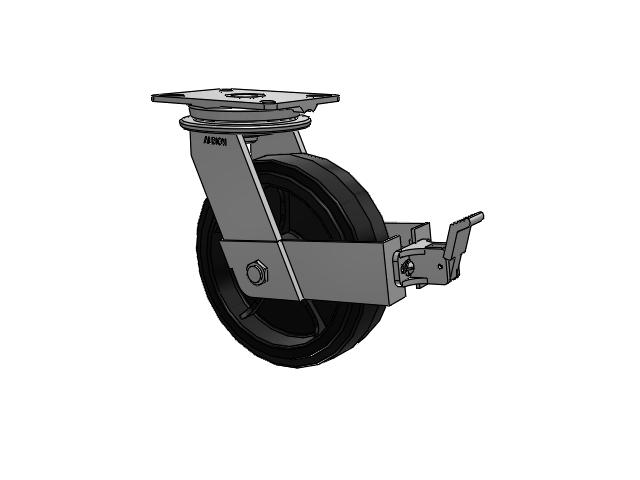 90 Series Top Plate Swivel Caster with 10 x 3 Black Tread on Black Enamel Core MR - Moldon Rubber (Cast Iron Core) Wheel and Face Brake