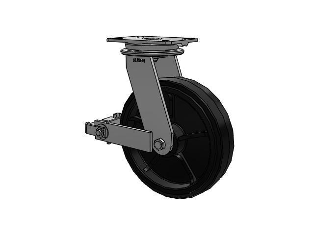 90 Series Top Plate Swivel Caster with 12 x 3 Black Tread on Black Enamel Core MR - Moldon Rubber (Cast Iron Core) Wheel and Poly Cam Brake
