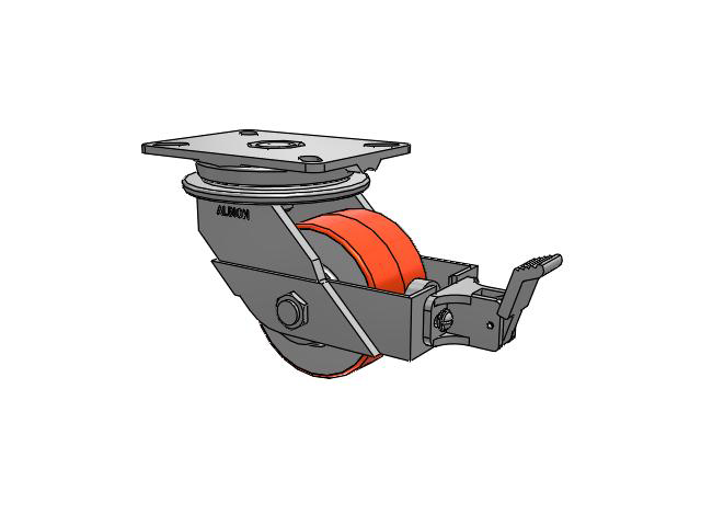 90 Series Top Plate Swivel Caster with 5 x 3 Red-Orange Tread on Cast Iron Core PY - Polyurethane (Cast Iron Core) Wheel and Face Brake