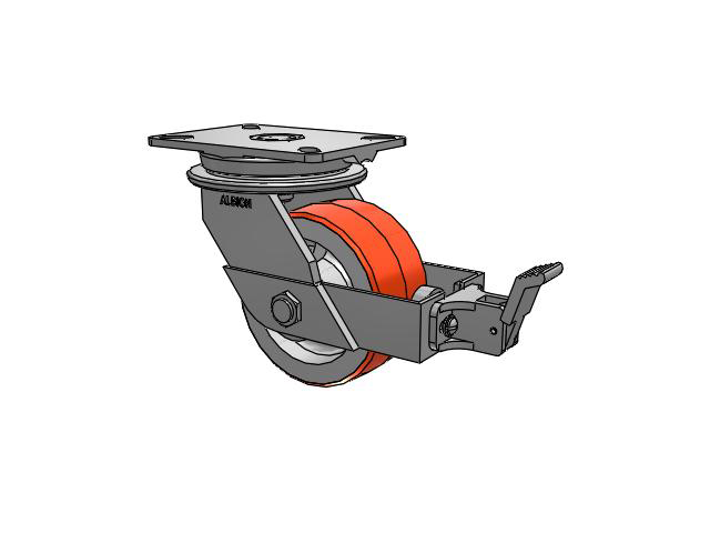 90 Series Top Plate Swivel Caster with 6 x 3 Red-Orange Tread on Cast Iron Core PY - Polyurethane (Cast Iron Core) Wheel and Face Brake
