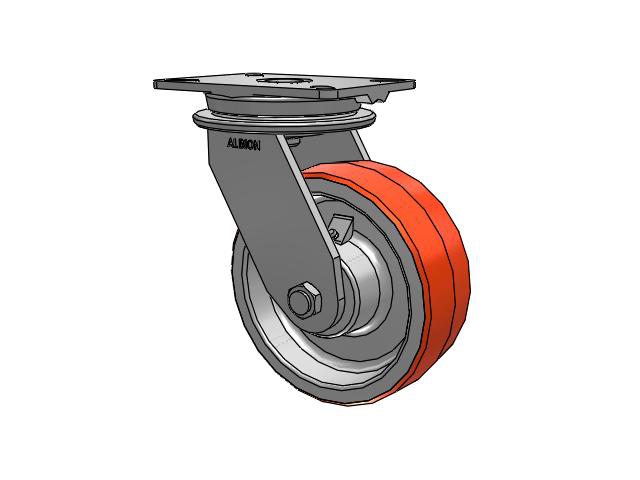 90 Series Top Plate Swivel Caster with 8 x 3 Red-Orange Tread on Cast Iron Core PY - Polyurethane (Cast Iron Core) Wheel