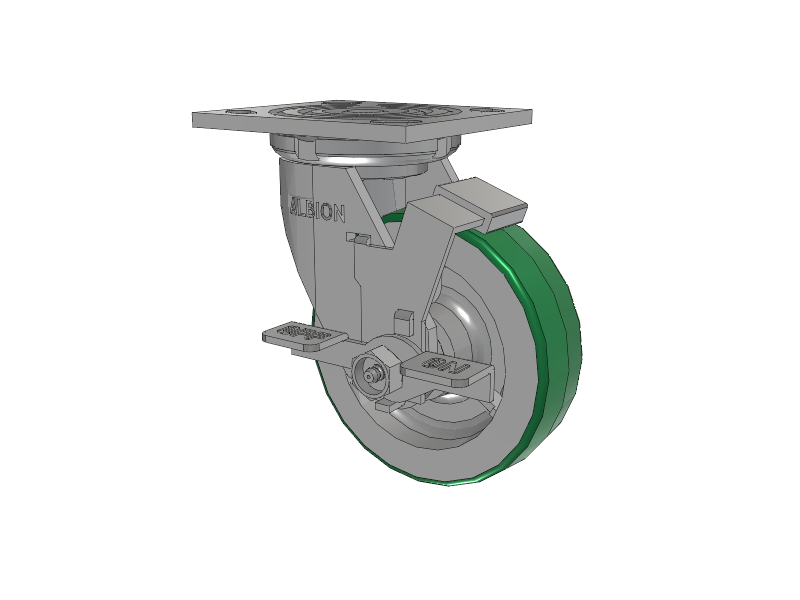 16 Series Top Plate Swivel Caster with 5 x 1.5 Green Tread on Aluminum Core PD - Polyurethane (Aluminum Core) Wheel and Face Brake