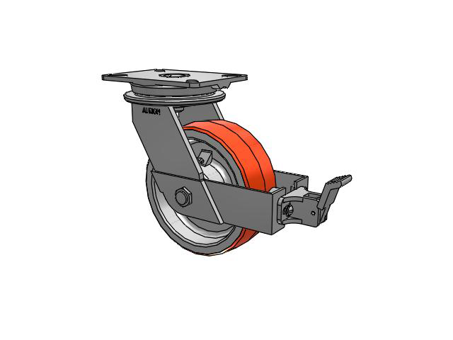 90 Series Top Plate Swivel Caster with 8 x 3 Red-Orange Tread on Cast Iron Core PY - Polyurethane (Cast Iron Core) Wheel and Face Brake