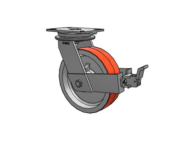 Roulette pivotante à plaque supérieure de la série 90, avec bande de roulement rouge-orange de 10 x 3 sur noyau en fonte PY – Roue en polyuréthane (noyau en fonte) et frein de face