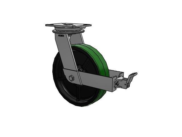 90 Series Top Plate Swivel Caster with 12 x 3 Green Tread on Black Cast Iron Core PY - Polyurethane (Cast Iron Core) Wheel and Face Brake