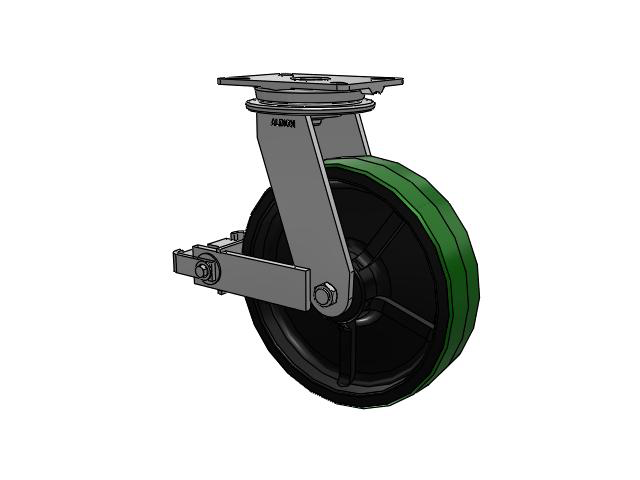 90 Series Top Plate Swivel Caster with 12 x 3 Green Tread on Black Cast Iron Core PY - Polyurethane (Cast Iron Core) Wheel and Poly Cam Brake