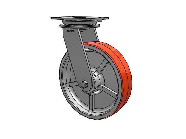 90 Series Top Plate Swivel Caster with 12 x 3 Red-Orange Tread on Cast Iron Core PY - Polyurethane (Cast Iron Core) Wheel